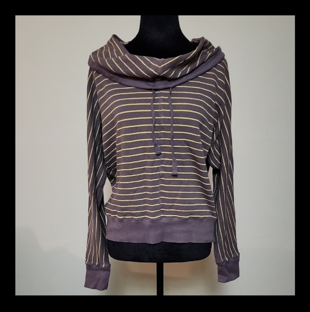 Purple Striped Cowl Neck Cotton Top M Adjustable Drawstring Neck Knit